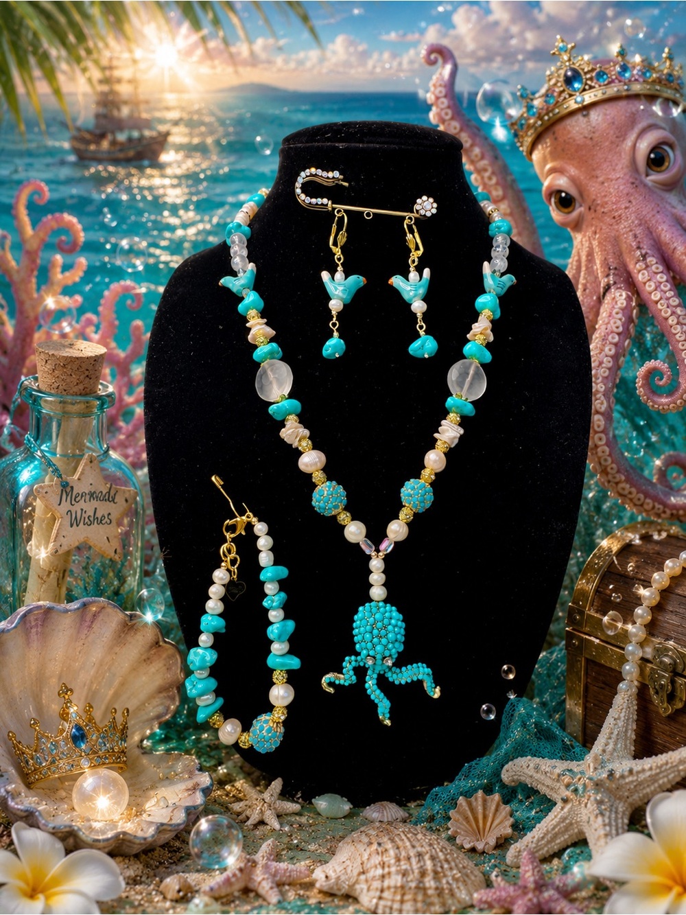 OCTOPUS Turquoise Beaded Necklace, Bracelet & Earring Set Vintage Up-Cycle